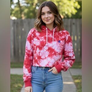 Champion, red/white tie dye long-sleeved cropped hoodie, good condition, XS